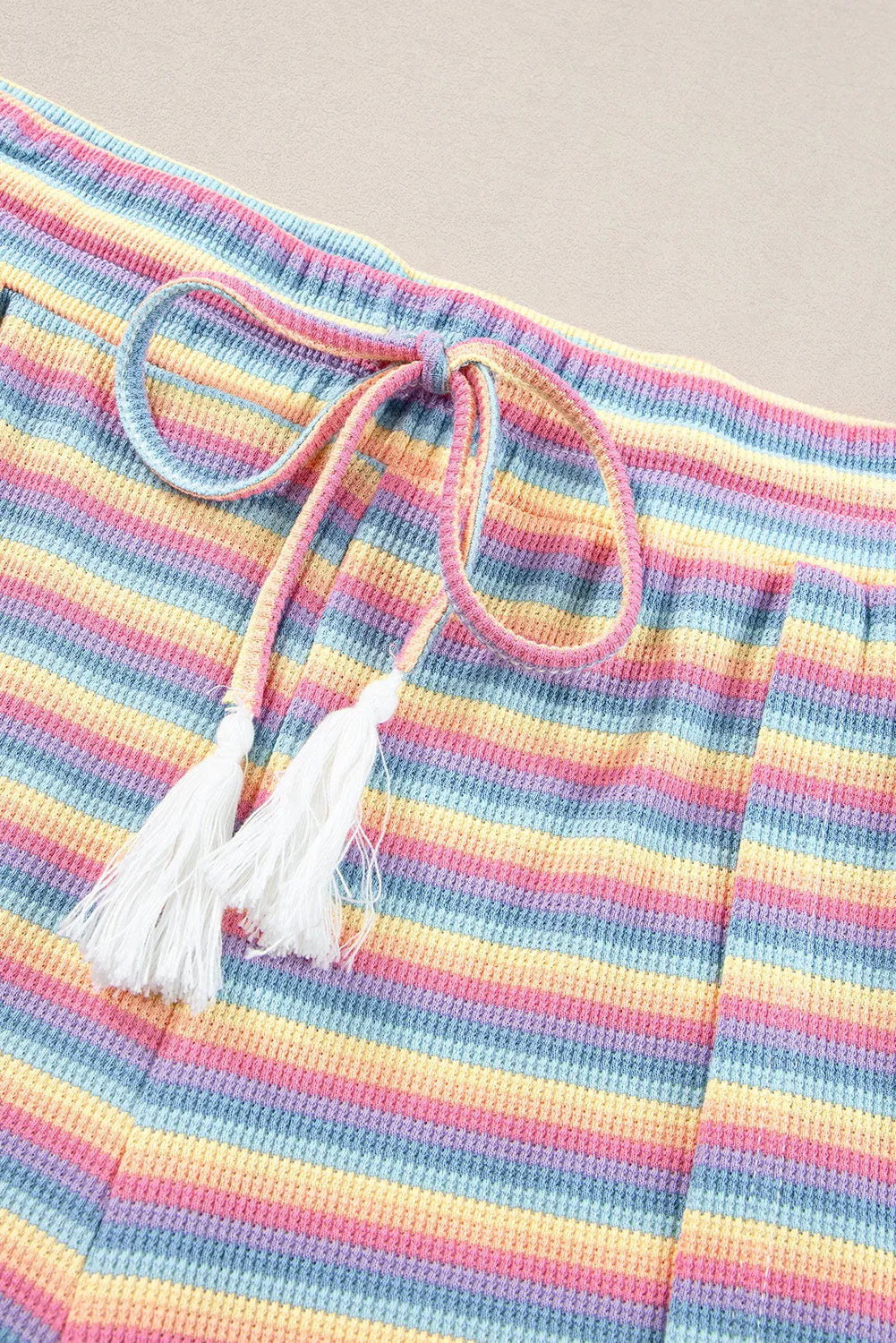 Pink Stripe Rainbow Tee Tasseled String Wide Leg Pants Set - Chic Meadow Boutique 