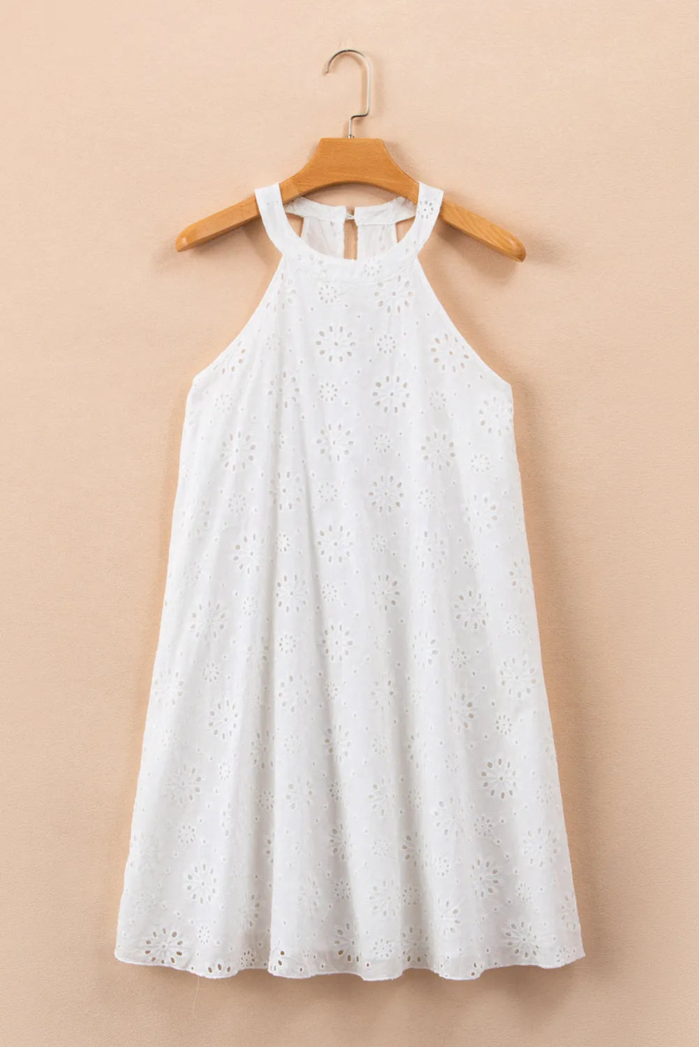 White Boho Eyelet Pattern Halter Neck Sleeveless Dress - Chic Meadow Boutique 