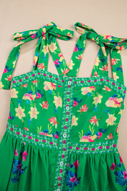 Green Floral Print Contrast Trim Knotted Straps Midi Dress