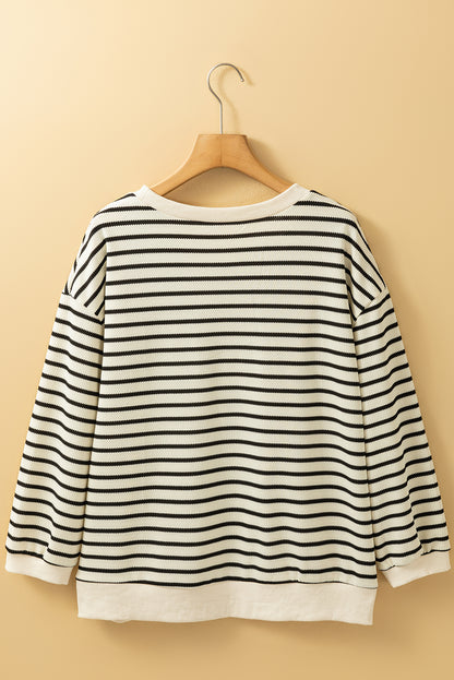 Black white Striped Big Flower Patched 3/4 Sleeve Top