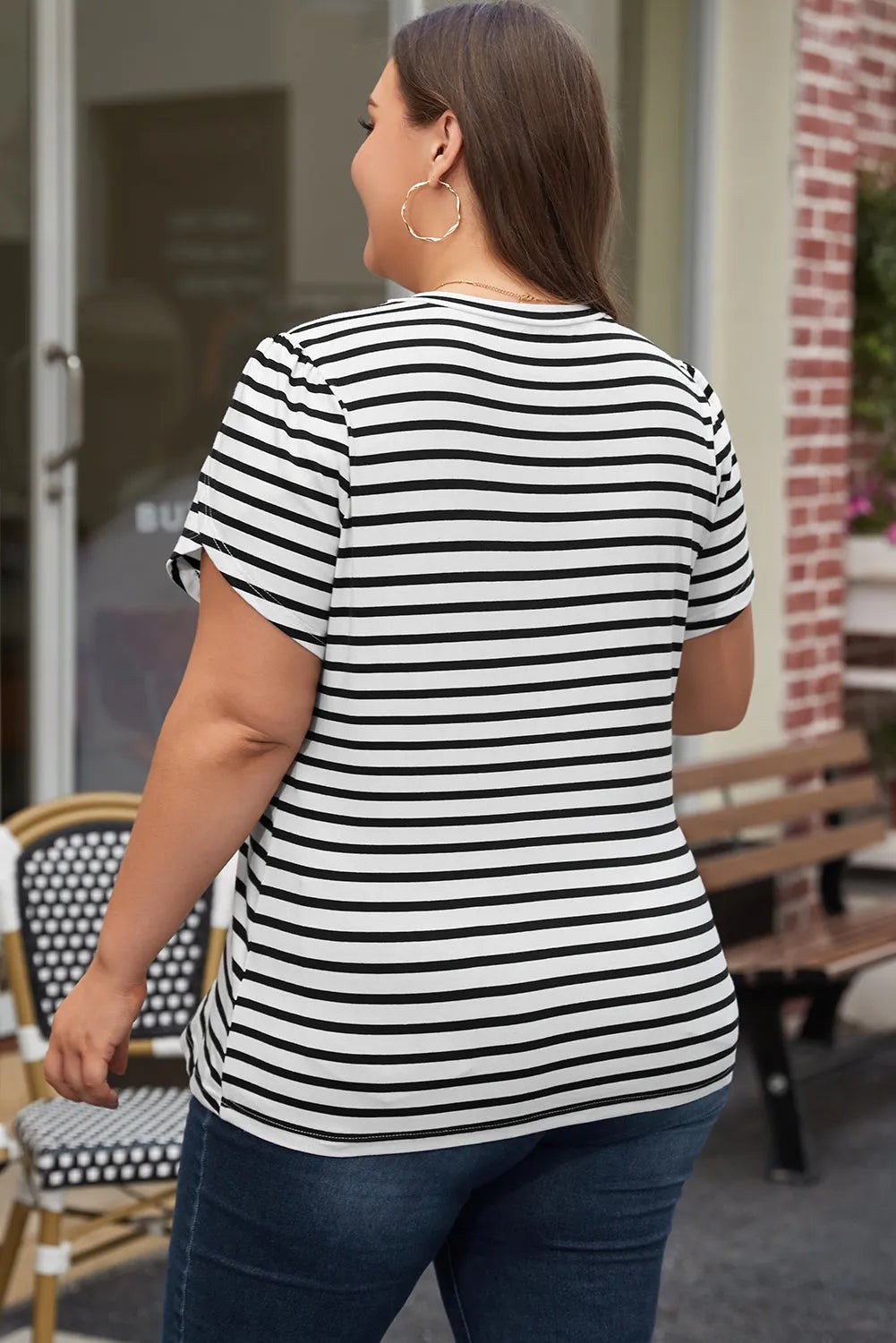 White Stripe V Neck Petal Sleeve Plus Size T-Shirt - Chic Meadow Boutique 