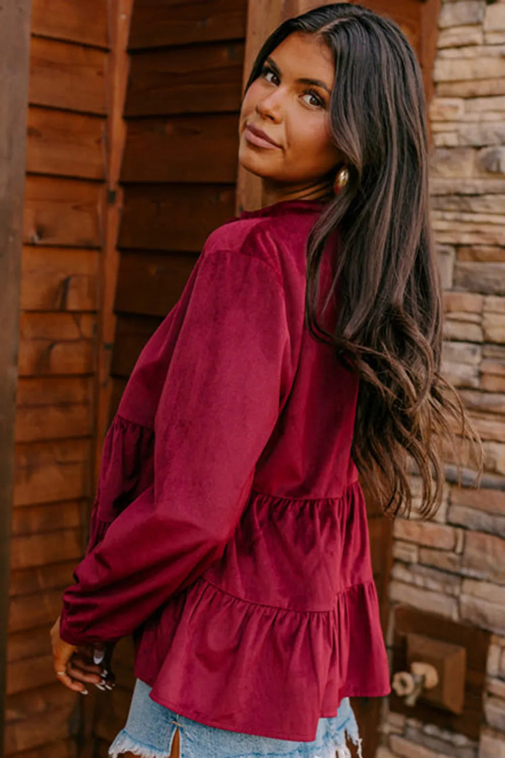 Burgundy Corduroy Ruffle Tiered Buttoned O Neck Shirt - Chic Meadow Boutique 