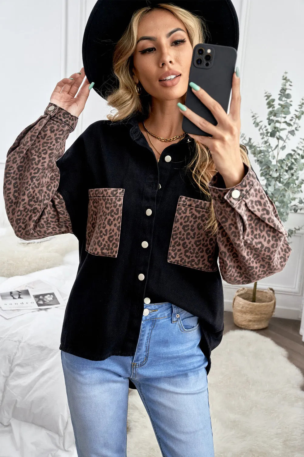 Black Contrast Leopard Denim Jacket - Chic Meadow Boutique 