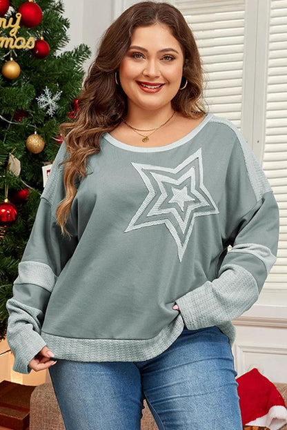 Plus Size/Plus Size Tops/Plus Size Long Sleeve Tops Mist Green Stars Patchwork Round Neck Plus Size T Shirt