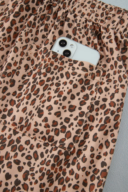 Khaki Leopard Print Drawstring Waist Patch Pockets Pants
