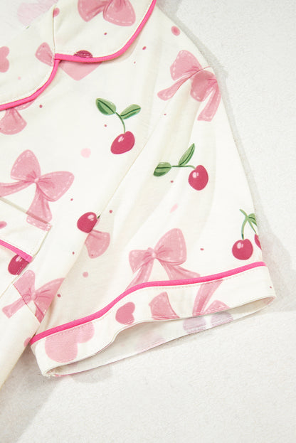 Beige Bow Fruit Print Contrast Pipping Short Pajamas Set