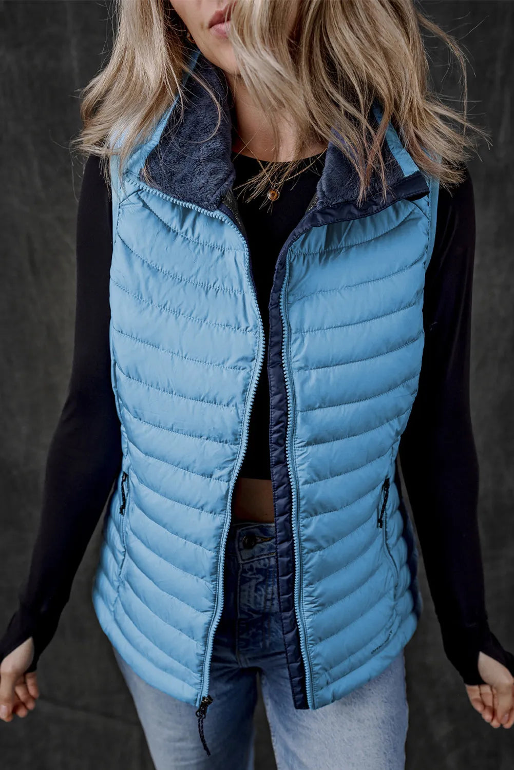 Sky Blue Plush Collared Quilted Zipped Puffer Vest - Chic Meadow Boutique 