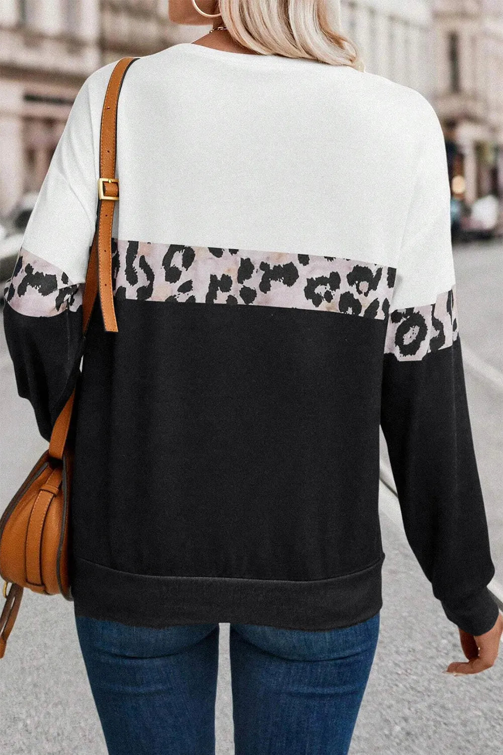 Black Leopard Colorblock Round Neck Long Sleeve Top - Chic Meadow Boutique 