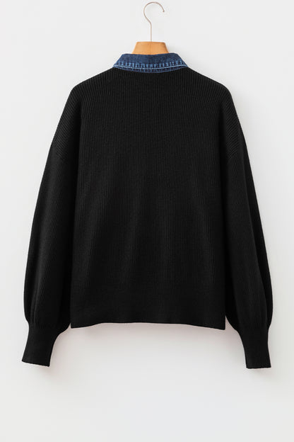 Color black Drop Shoulder Placket Paneling Shirt Collar Long Sleeve Cardigan