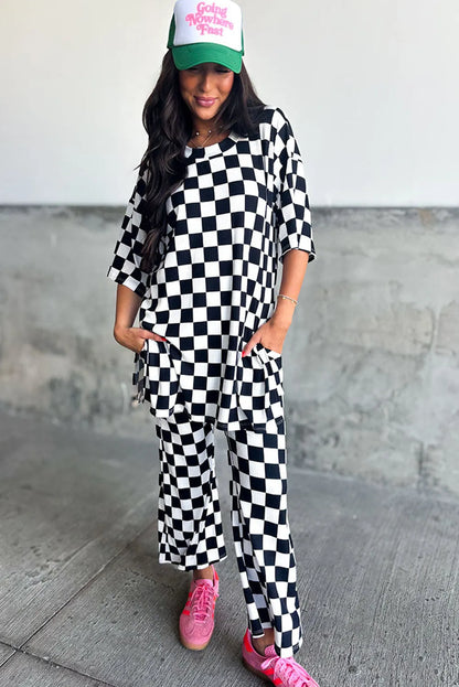 Black Checkered Print Half Sleeve Tunic Top and Flared Pants Set - Chic Meadow Boutique 