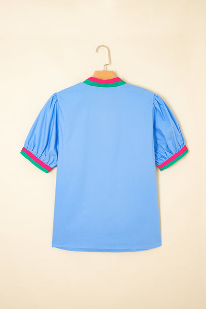 Sky Blue Contrast Striped V Neck Collision Short Puff Sleeve Blouse