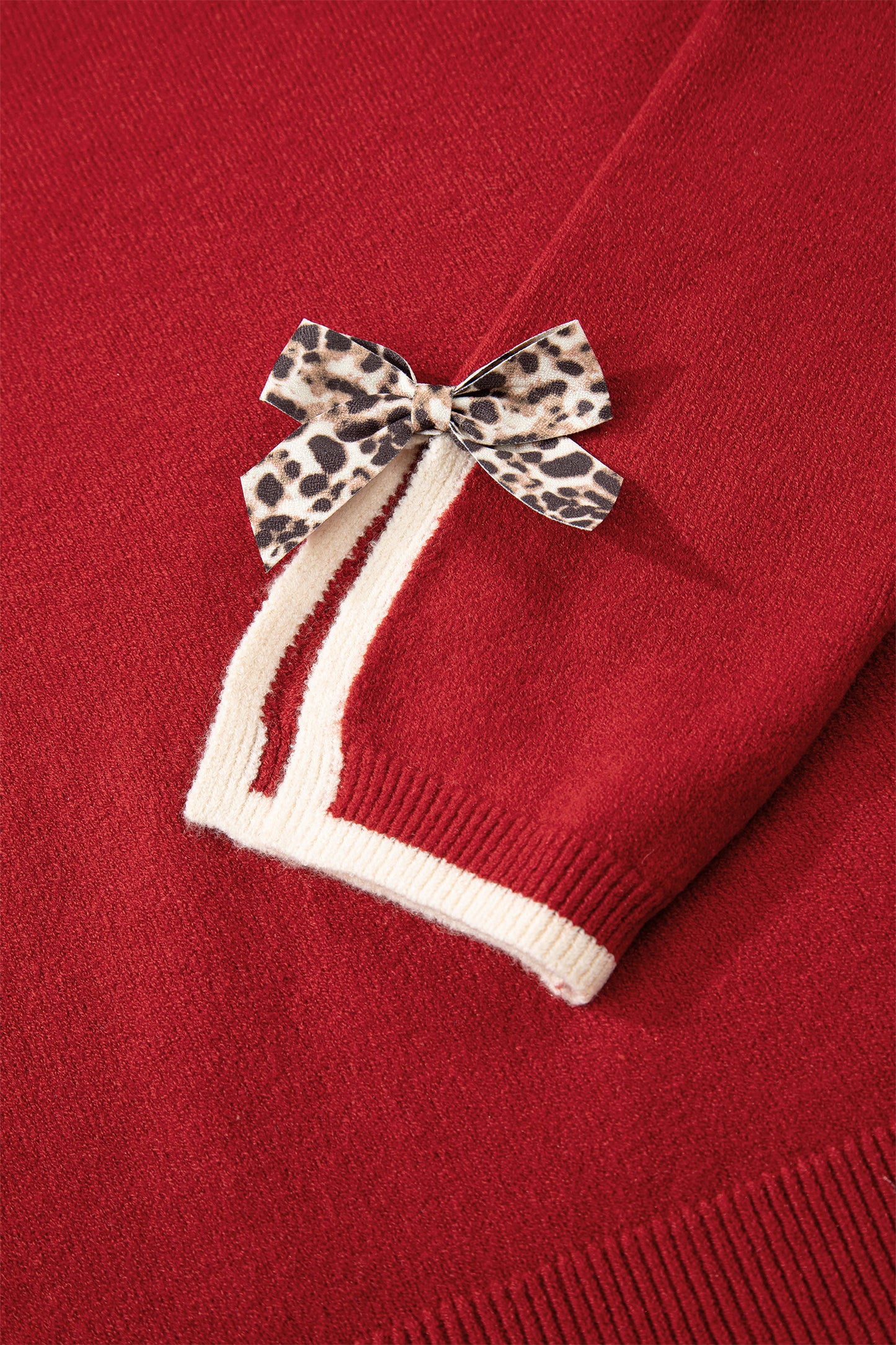 Racing Red Leopard Bow Decor Split Cuff Contrast Trim Sweater