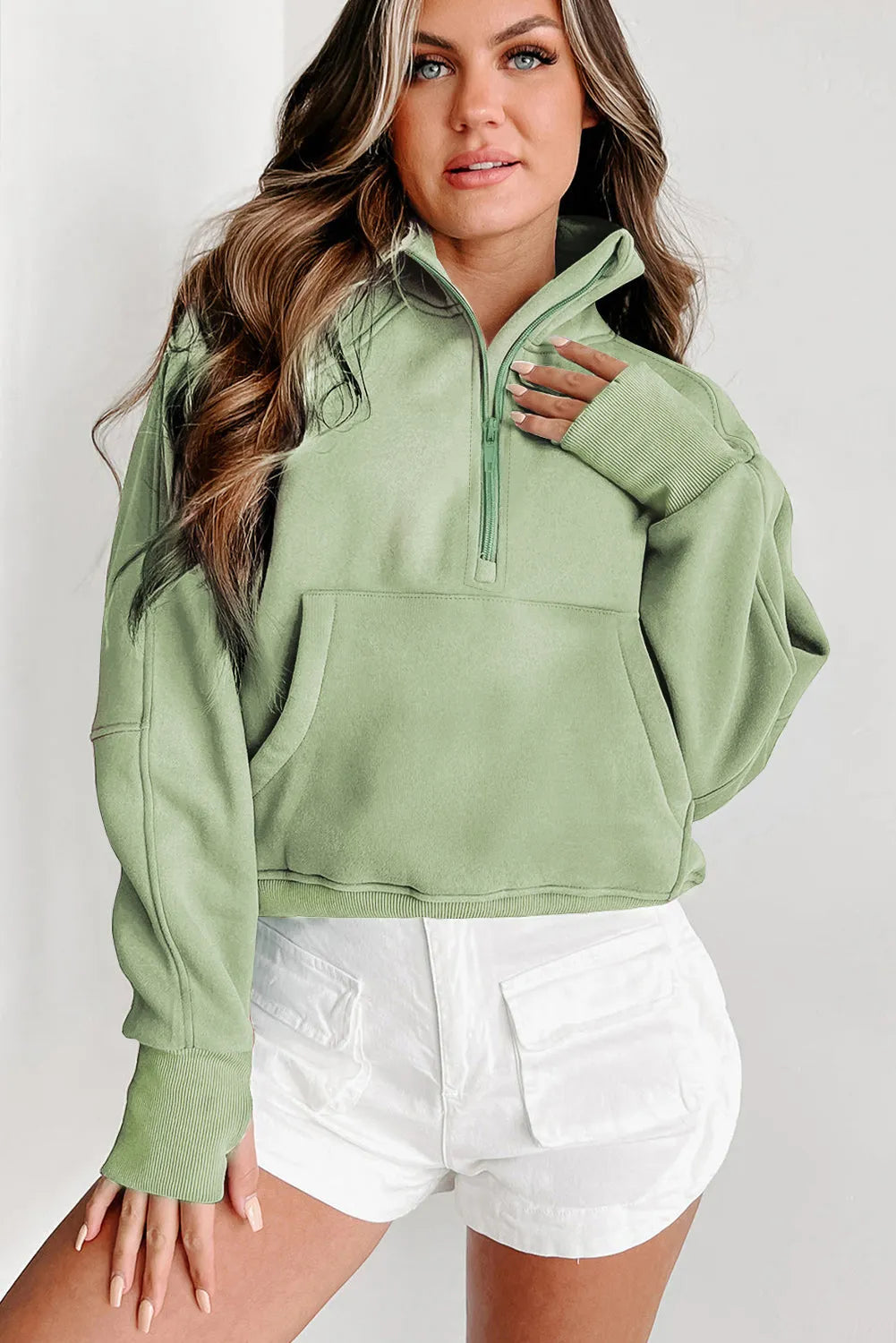 Smoke Green Fleece Lined Zip Up Stand Collar Thumbhole Sleeve Sweatshirt - Chic Meadow Boutique 