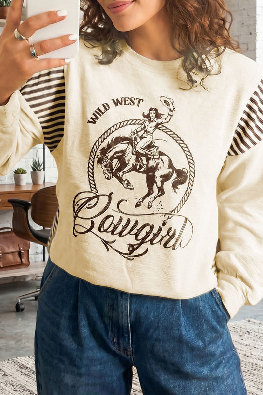 Jet Stream Western Print Striped Detail Long Sleeve Casual Top