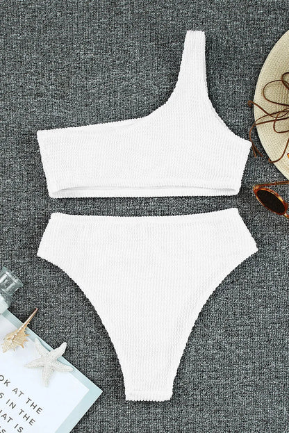 White Crinkle Textured Asymmetric One Shoulder Bikini Swimsuit - Chic Meadow Boutique 