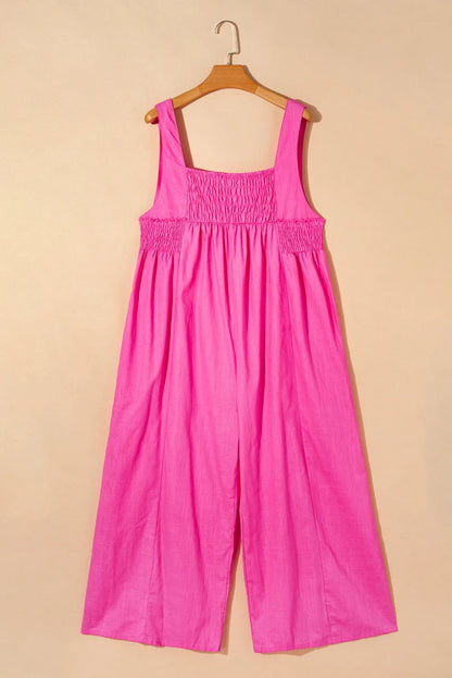 Strawberry Pink Wide Straps Smocked Detail Wide Leg Overalls - Chic Meadow Boutique 