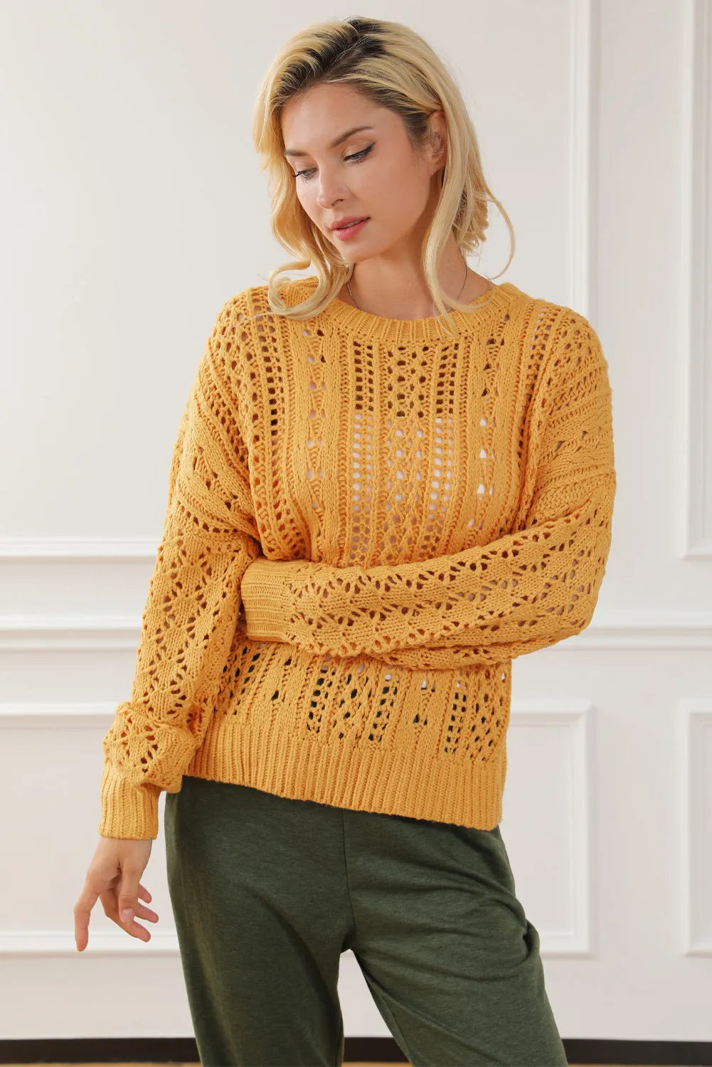 Ginger Cable Knit Hollow Out Drop Shoulder Sweater - Chic Meadow Boutique 