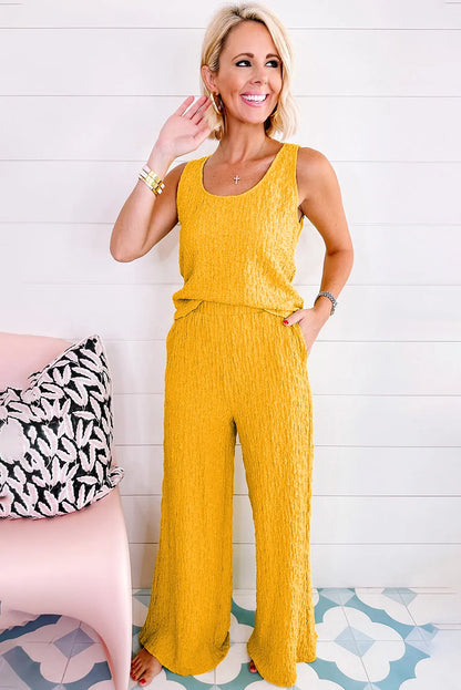 Yellow Crinkled U Neck Tank Top and Wide Leg Pants Set - Chic Meadow Boutique 