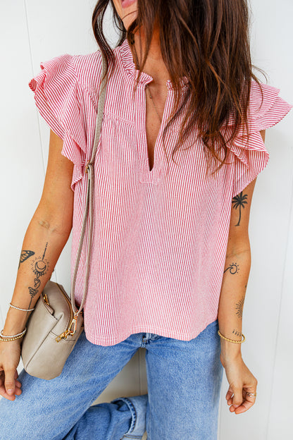 Red Stripe Frilly Split Neck Double Ruffled Short Sleeve Blouse