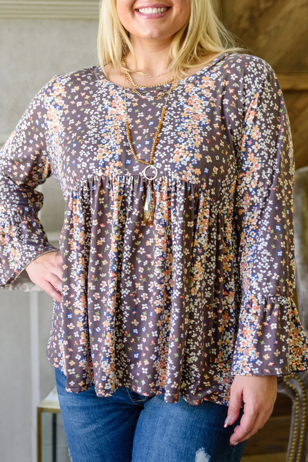 Purple Floral Print Round Neck Plus Size Babydoll Blouse - Chic Meadow Boutique 