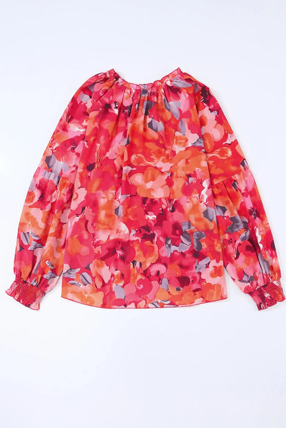 Fiery Red Floral Print Split Neck Tassel Tie Blouse - Chic Meadow Boutique 