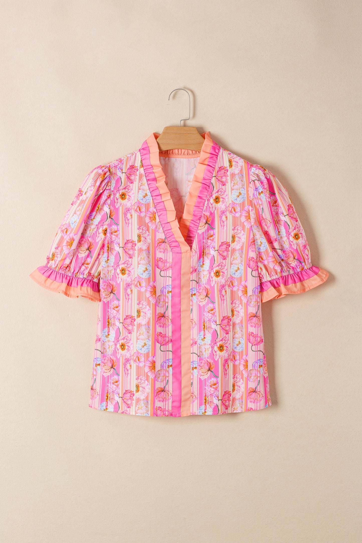 Pink Poppy Flower Striped Print Color Block Trim V Neck Short Sleeve Blouse