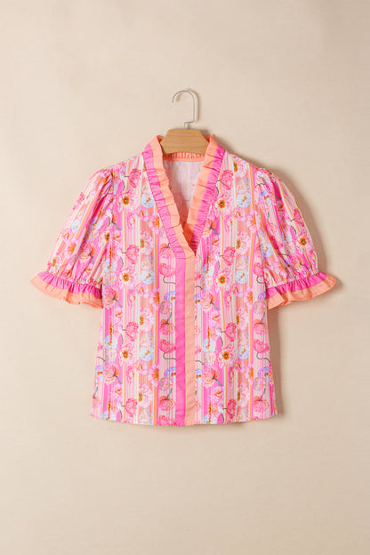 Pink Poppy Flower Striped Print Color Block Trim V Neck Short Sleeve Blouse
