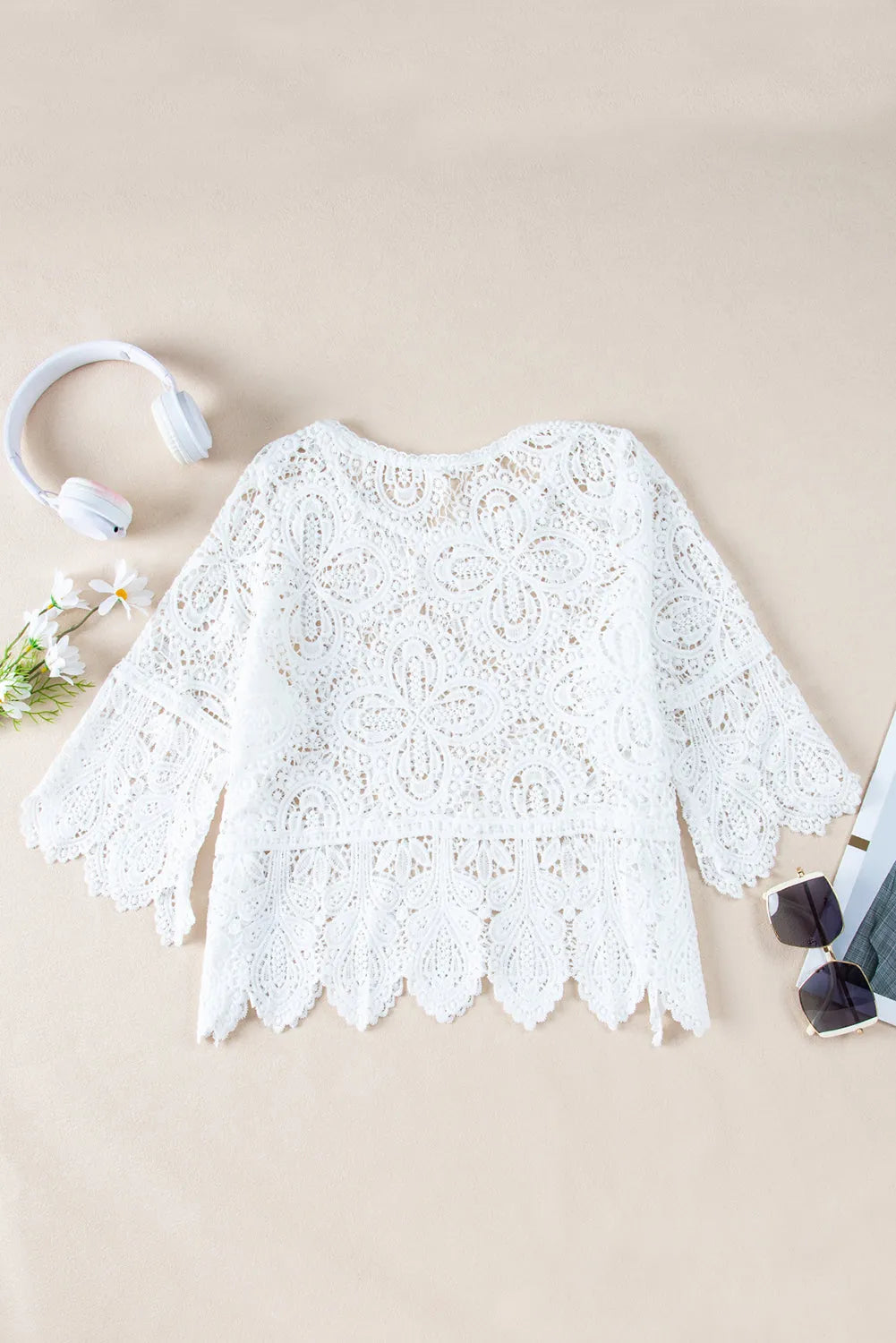 Oatmeal Bohemian Macrame Lace Crochet Half Sleeve Blouse - Chic Meadow Boutique 