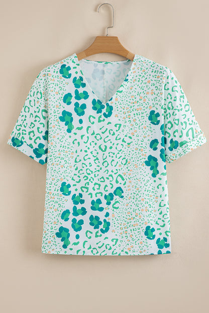 Green Mixed Leopard Print V Neck Short Sleeve Blouse