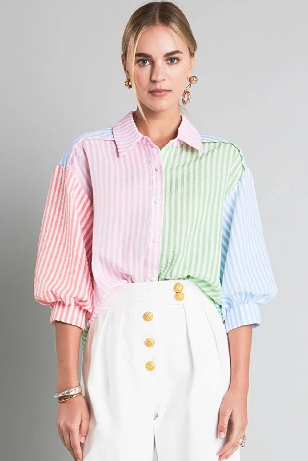 Pink Stripe Color Block Balloon Sleeve Buttoned Loose Fit Shirt - Chic Meadow Boutique 