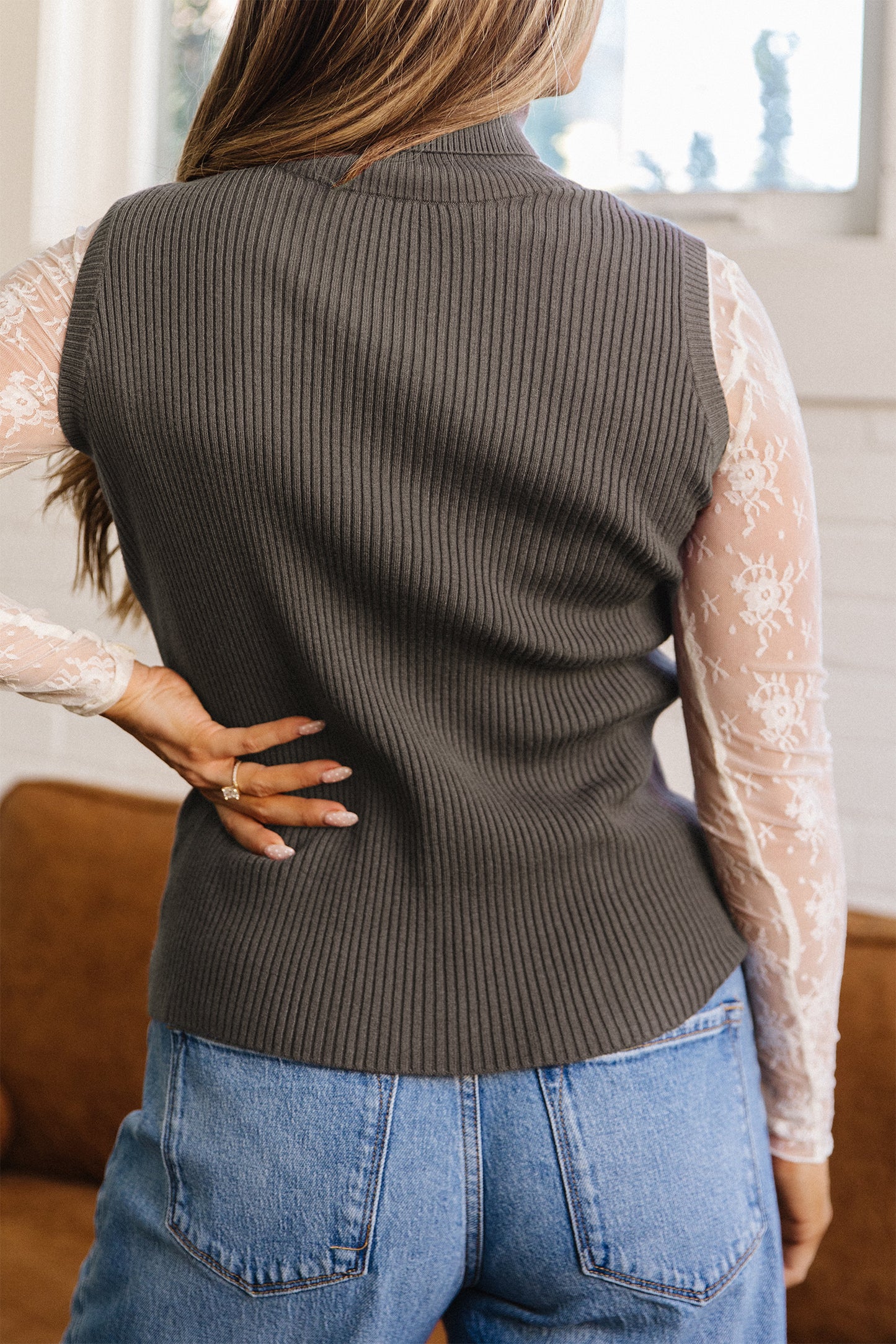 Chicory Coffee Western Ribbed Knit High Neck Sleeveless Waist Slim Fit Sweater Vest