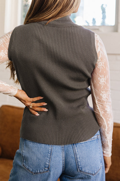 Chicory Coffee Western Ribbed Knit High Neck Sleeveless Waist Slim Fit Sweater Vest