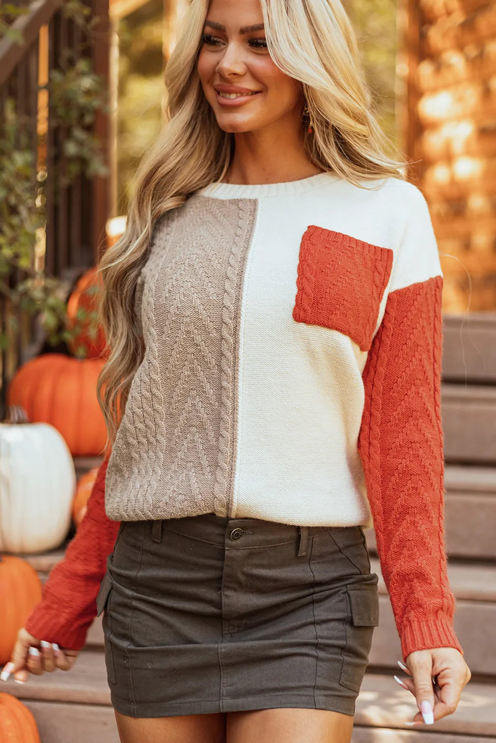 Gold Flame Colorblock Patched Pocket Drop Shoulder Sweater - Chic Meadow Boutique 