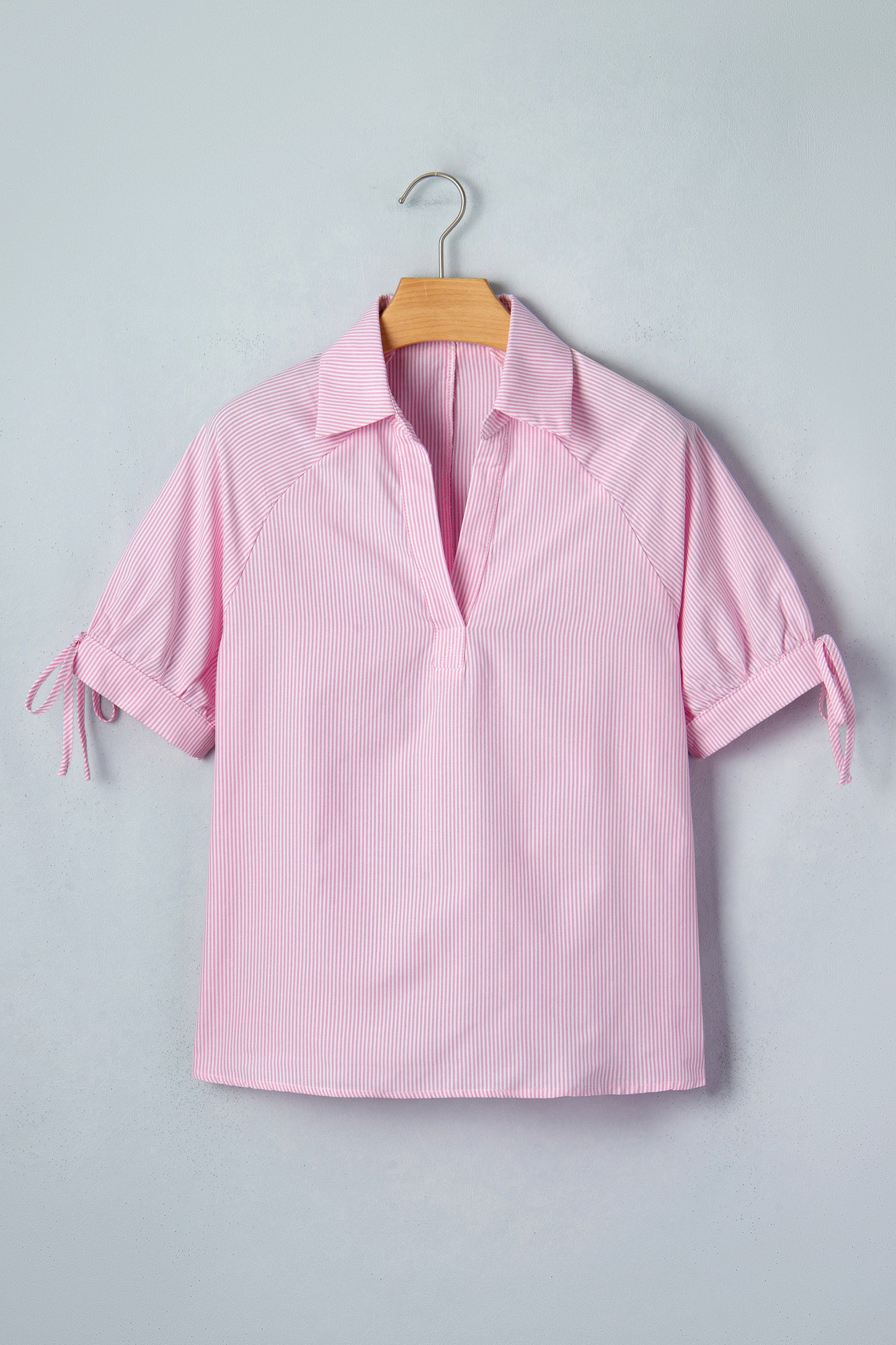 Pink Striped Print Collared Split Neck Half Sleeve Blouse
