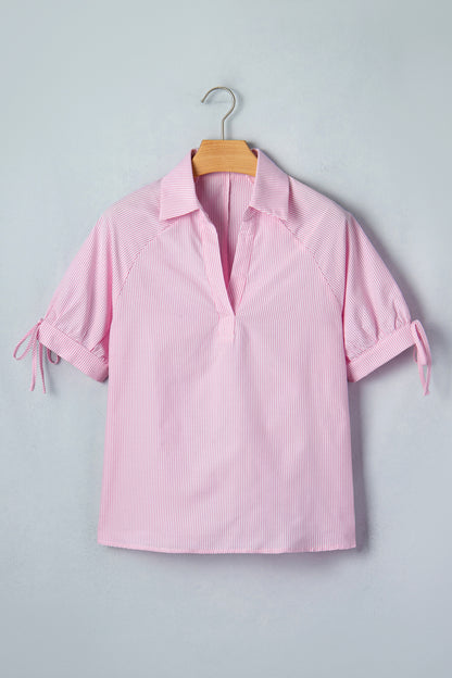 Pink Striped Print Collared Split Neck Half Sleeve Blouse