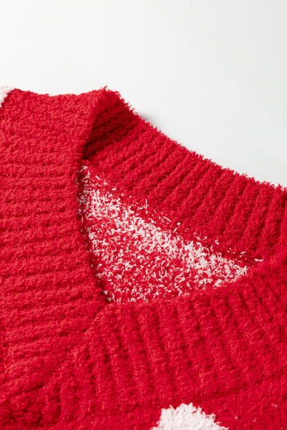 Fiery Red V Neck Flower Heart Detail Checkered Knit Loose Sweater
