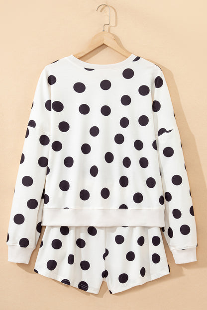 Beige Polka Dot Print Drop Shoulder Pullover Drawstring Shorts Set