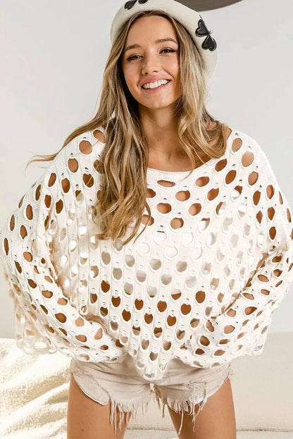 Beige Hollow-out Eyelet Knit Sweater - Chic Meadow Boutique 