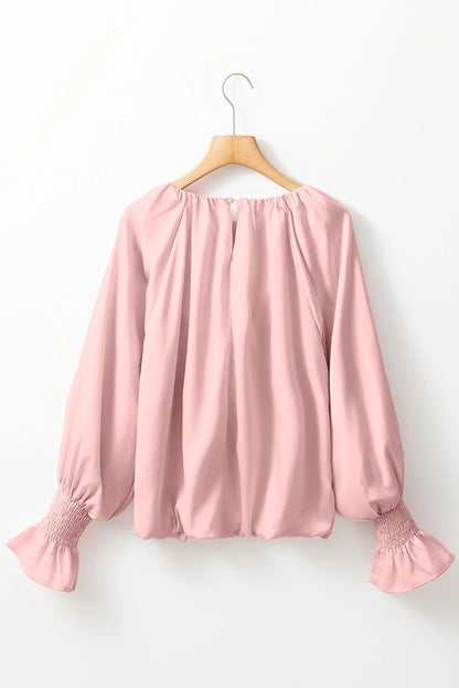 Tops/Blouses & Shirts Apricot Pink Pleated Round Neck Flounce Sleeve Satin Blouse