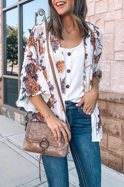 White Floral Print Open Front Bell Sleeve kimono - Chic Meadow Boutique 