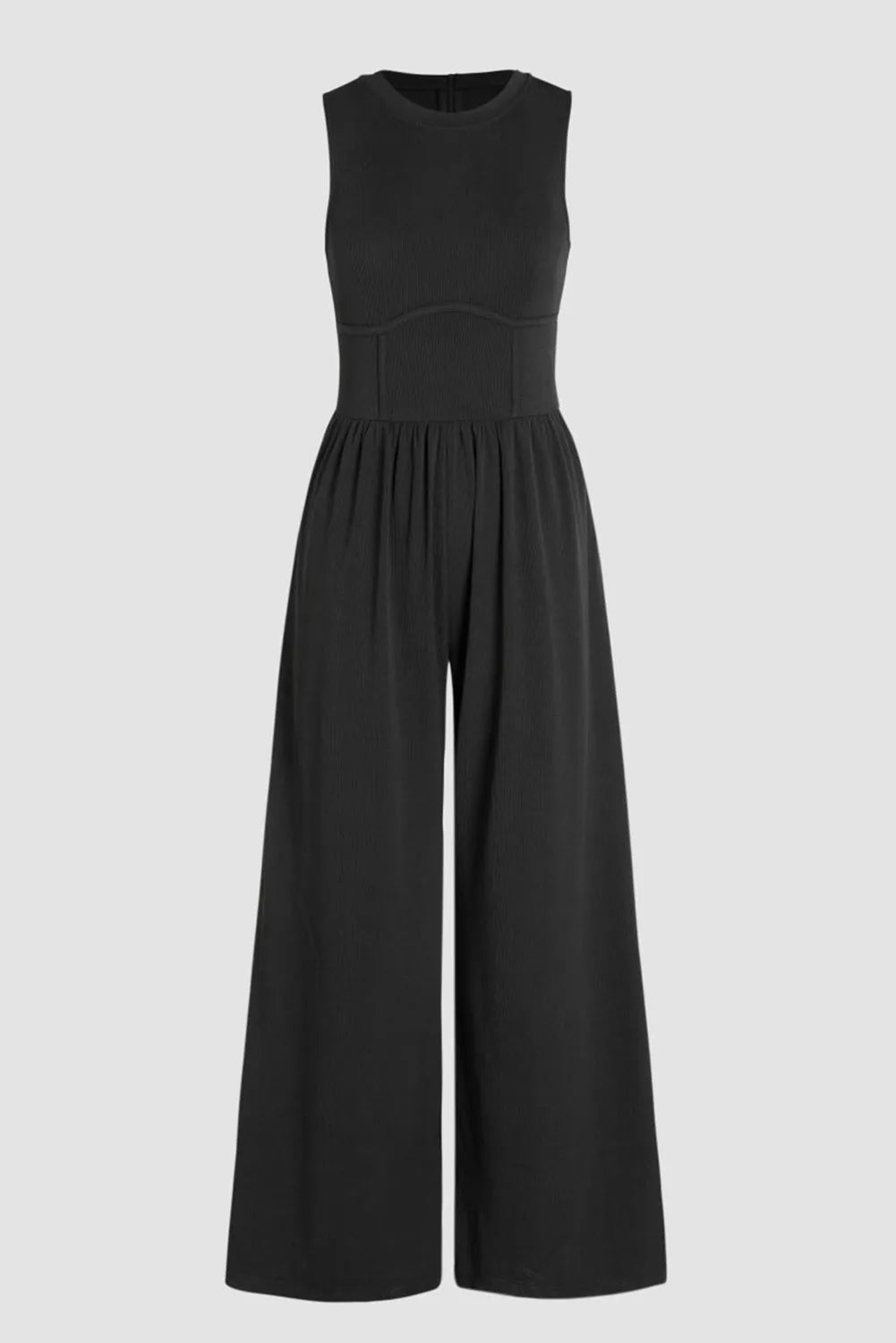 Black Cinched Waist Sleeveless Wide Leg Jumpsuit - Chic Meadow Boutique 