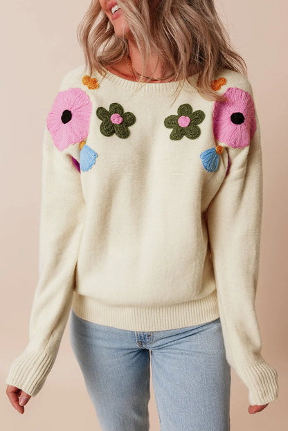 Beige Knitted Flower Pattern Ribbed Edge Sweater - Chic Meadow Boutique 