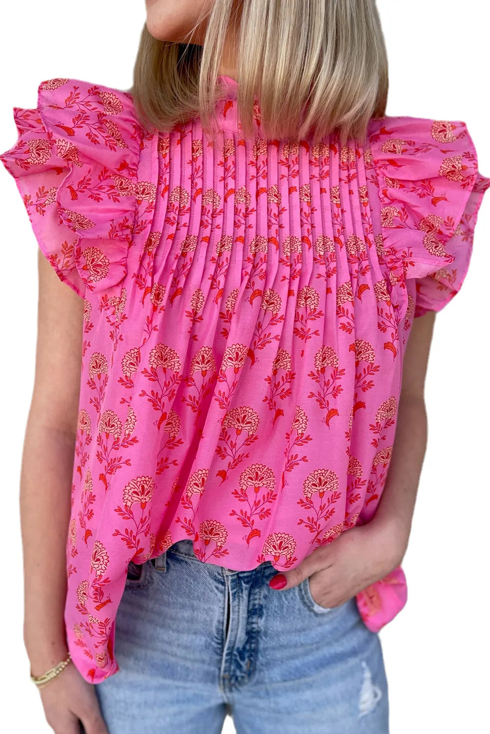 Rose Red Floral Print Pleated Ruffled Flutter Sleeve Blouse - Chic Meadow Boutique 