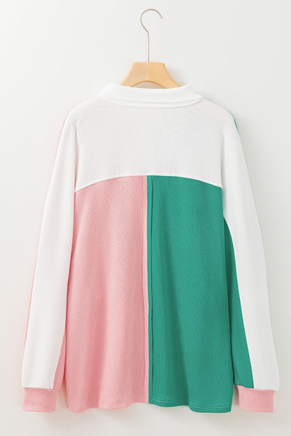 Tops/Sweatshirts & Hoodies Pink Colorblock Ribbed Collared Oversized Sweatshirt