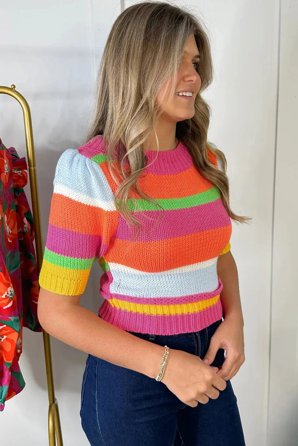 Multicolour Color Block Cropped Short Sleeve Sweater - Chic Meadow Boutique 