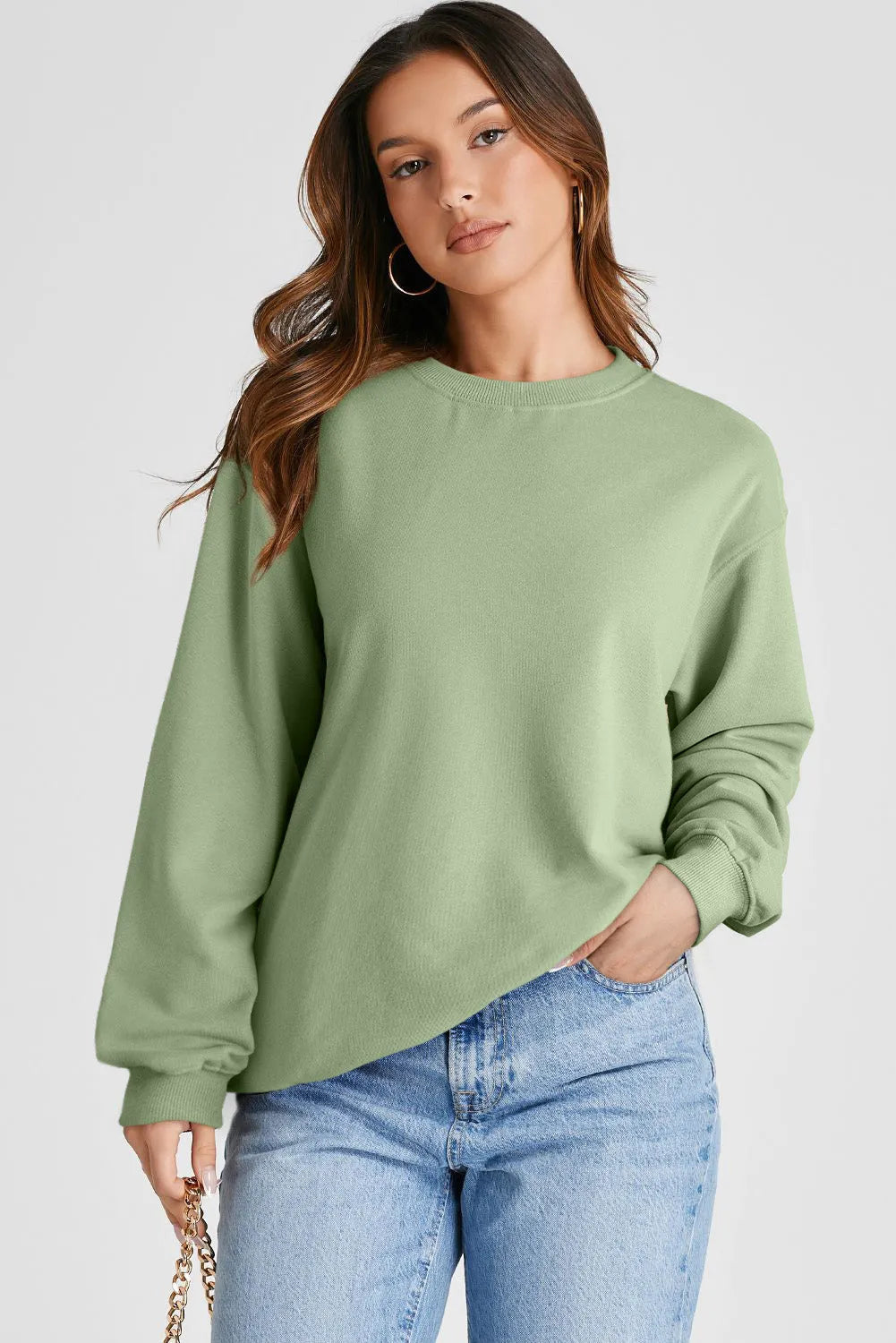 Smoke Green Plain Drop Shoulder Crewneck Pullover Sweatshirt - Chic Meadow Boutique 