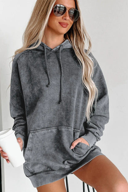 Gray Mineral Wash Kangaroo Pocket Drawstring Pullover Hoodie - Chic Meadow Boutique 