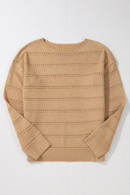 Pale Khaki Boat Neck Drop Shoulder Pointelle Knit Sweater - Chic Meadow Boutique 