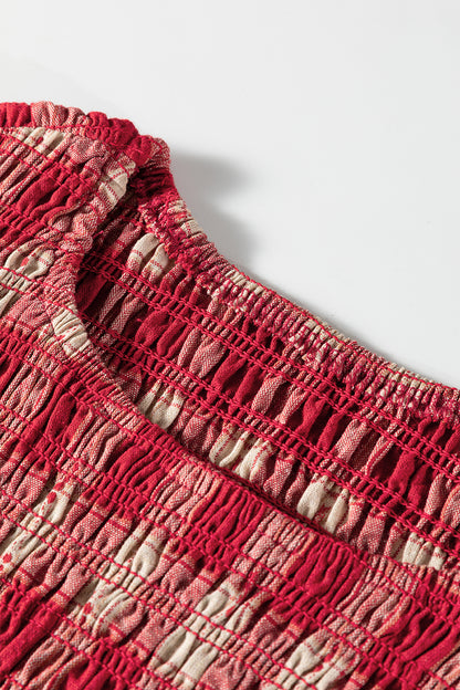 Red Plaid Print Smocked Puff Sleeve Mini Dress