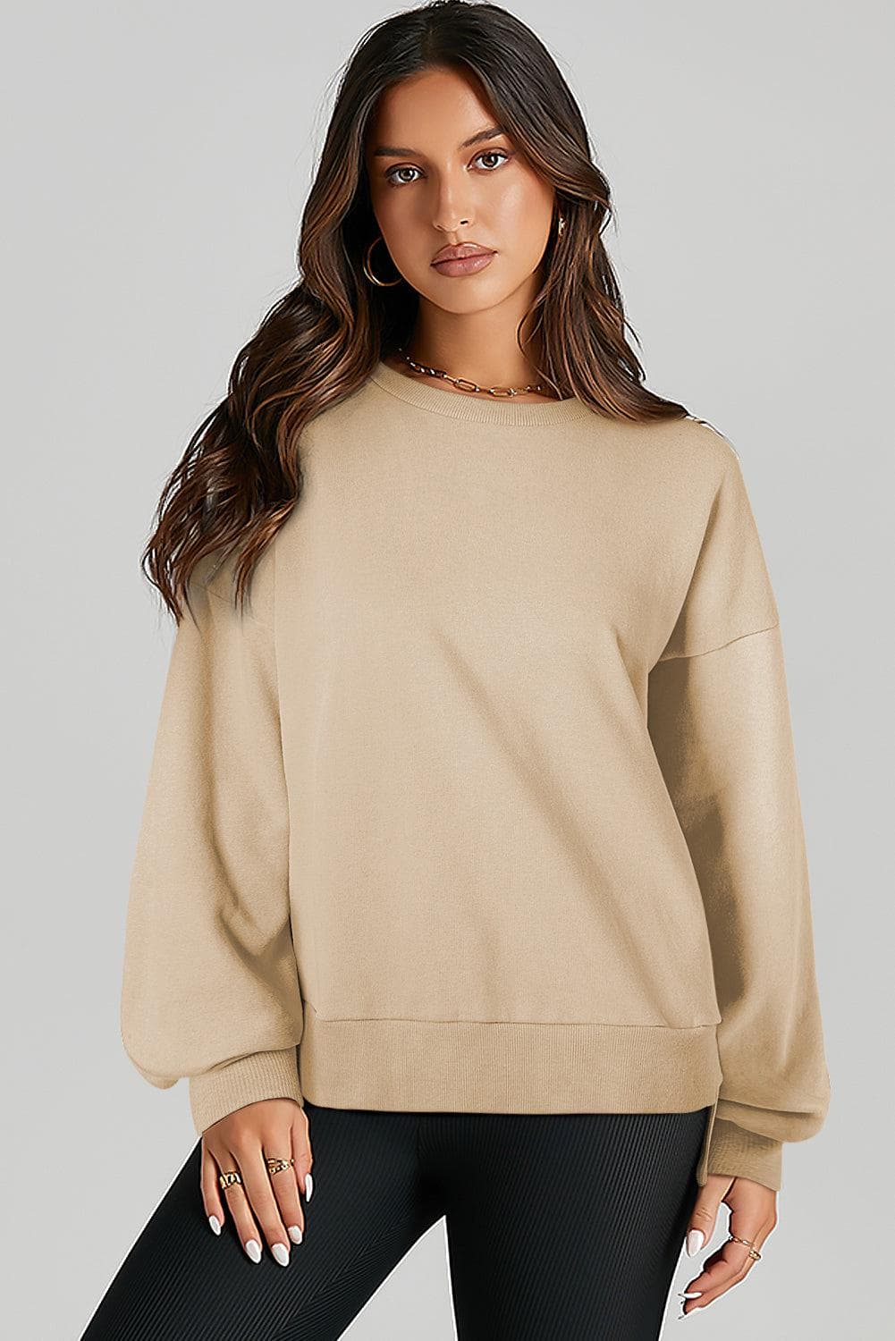 Tops/Sweatshirts & Hoodies Parchment Solid O Neck High Low Hem Pullover Sweatshirt